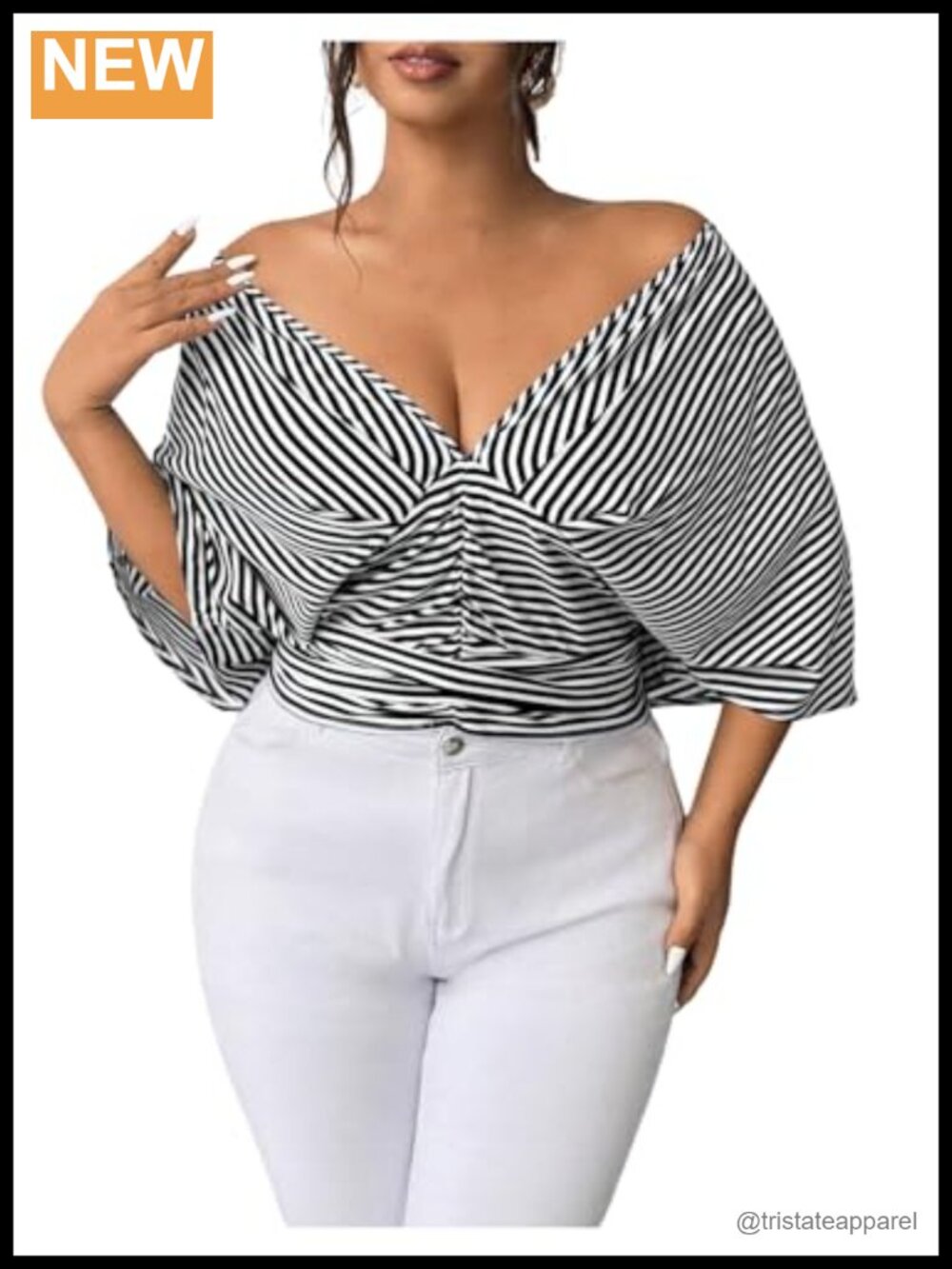 Plus Size Off Shoulder Striped Wrap Blouse with Ruched Waist and Long Sleeves